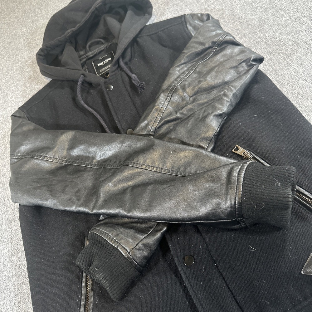 Only & Sons M Black Varsity Hoodie Jacket Faux Leather Sleeves Hooded Full Zip